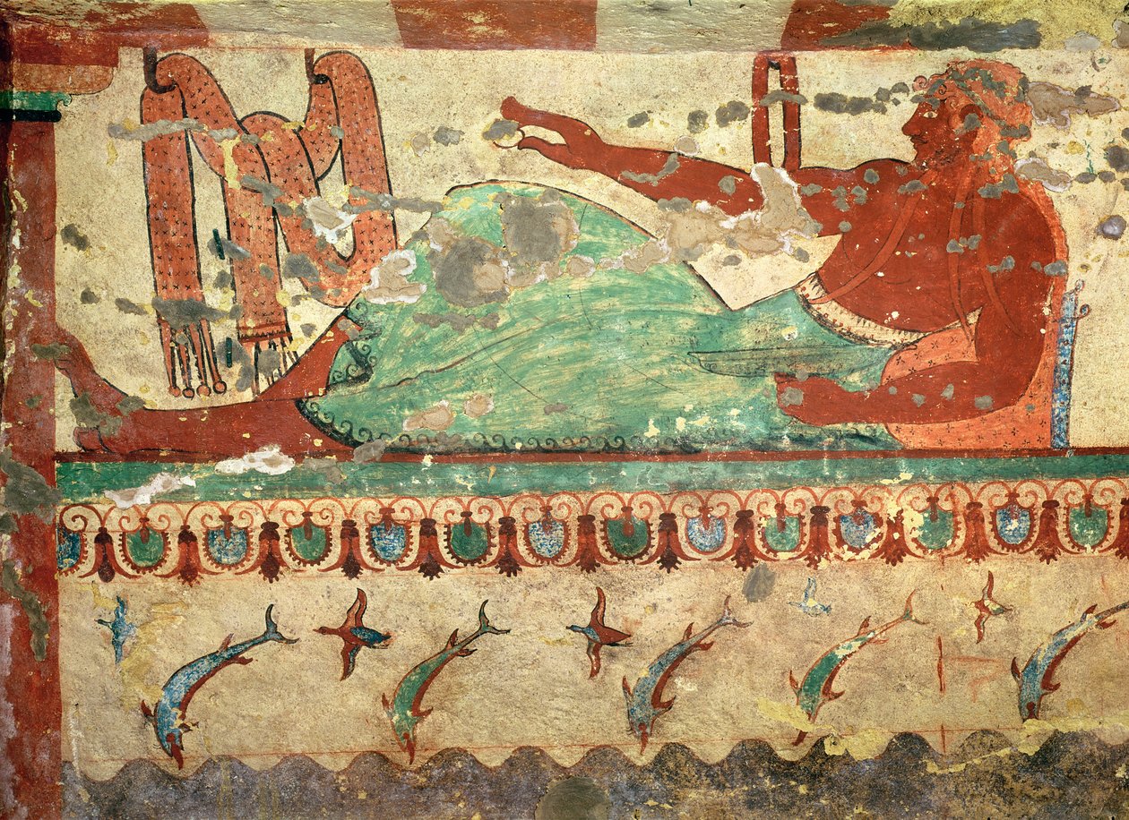 En gæst ved en begravelsesbanket med et æg i hånden, fra Løvernes grav, ca. 520 f.Kr. (vægmaleri) af Etruscan
