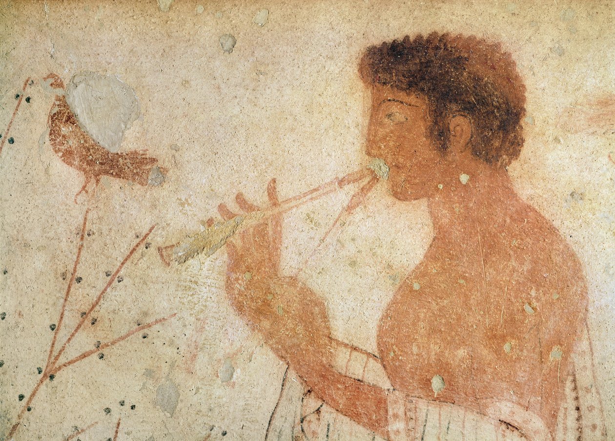 Detalje af musiker, der spiller på en dobbeltfløjte, fra tricliniumgraven, ca. 470 f.Kr. (vægmaleri) af Etruscan