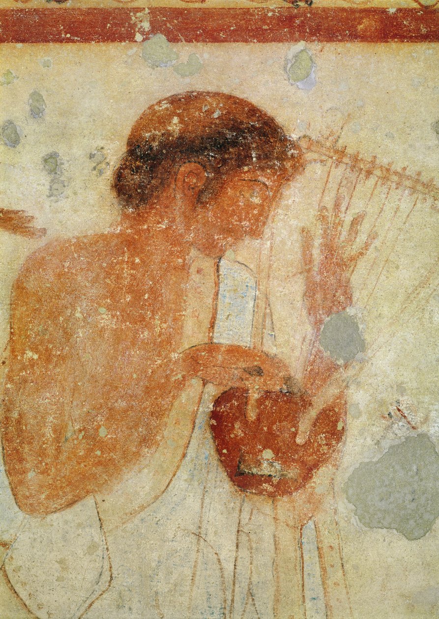 Detalje af musiker, der spiller på cither eller lyre, fra Tricliniumgraven, ca. 470 f.Kr., vægmaleri se også 407461 af Etruscan