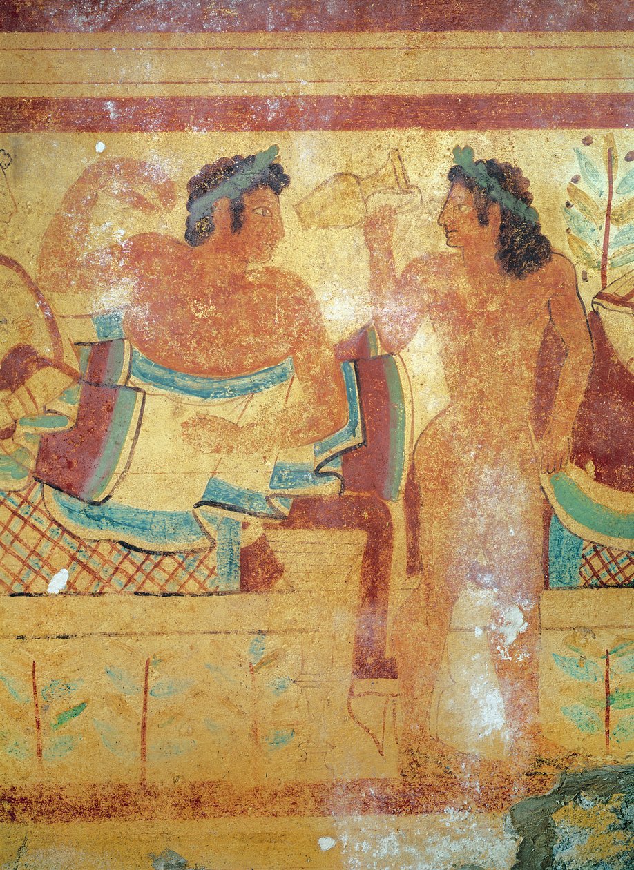 Detalje af begravelsesbanketten, fra Leopardernes grav, vægmaleri fra ca. 490 f.Kr. af Etruscan