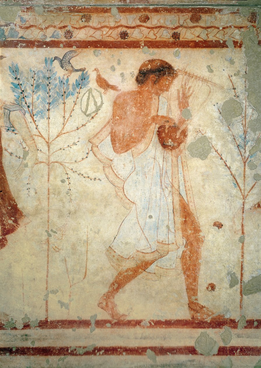Musiker, der spiller på cither eller lyre, fra Tricliniumgraven, ca.470 f.Kr. (vægmaleri) (se også 407461) af Etruscan