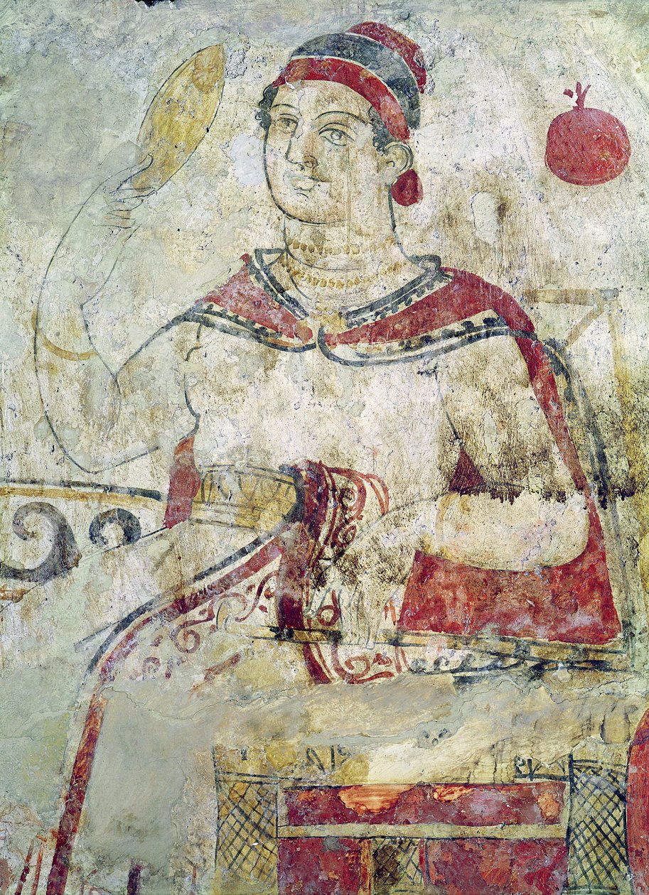Kvinde på toilettet, detalje fra en begravelsesscene, Samnite-perioden, 5.-4. århundrede f.Kr. (vægmaleri) af Etruscan