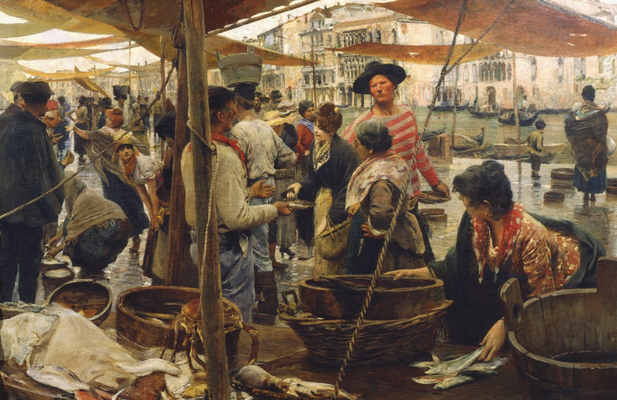 Gammelt fiskemarked i Venedig af Ettore Tito