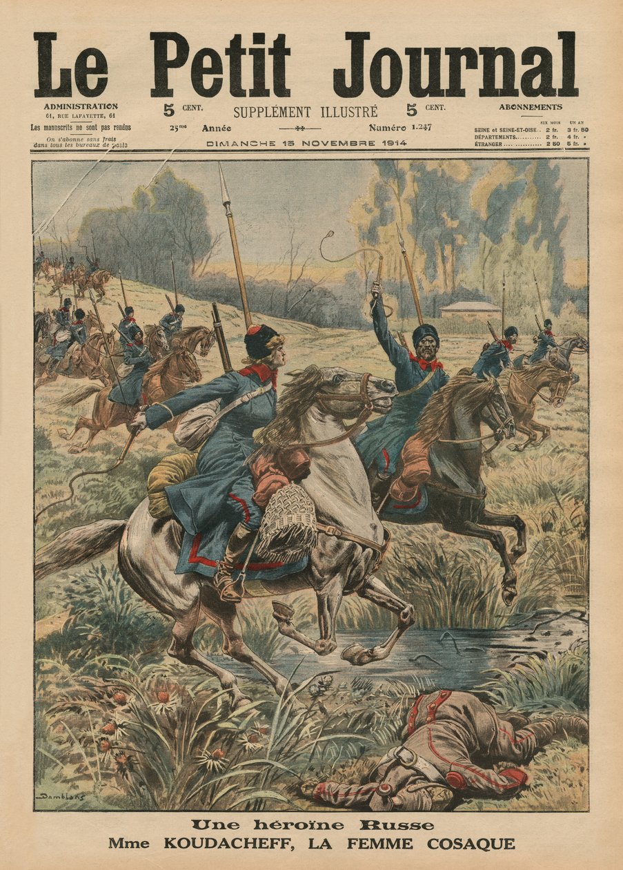 En russisk heltinde, madame Koudacheff, en kosakkvinde, illustration på forsiden af "Le Petit Journal", supplement illustre, 15. november 1914 af Eugene Damblans