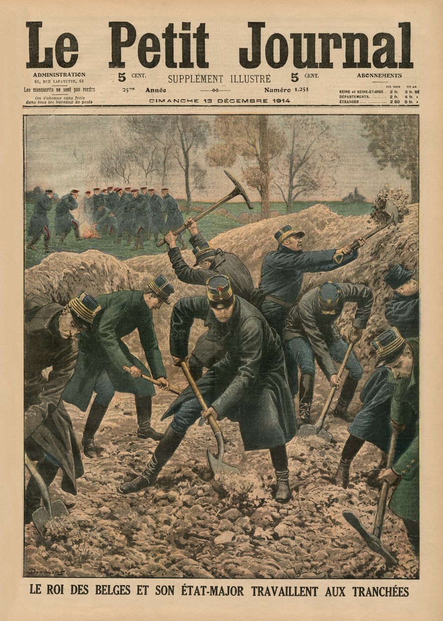 Kongen af Belgien sammen med sine stabsofficerer, der graver skyttegravene ud, forsideillustration fra 