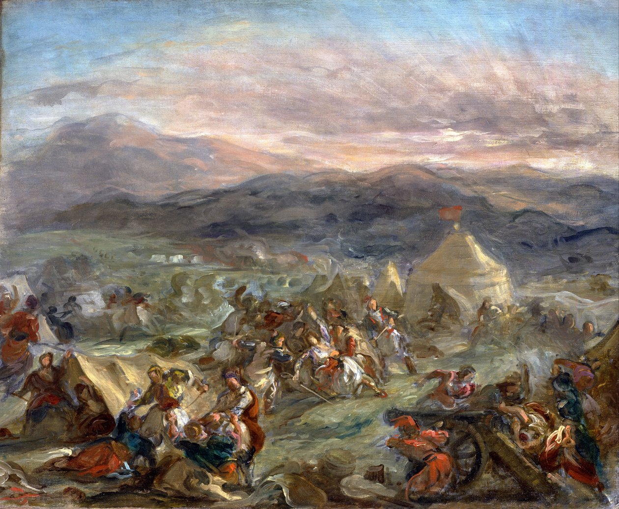 Botzaris overrasker den tyrkiske lejr og falder dødeligt såret af Ferdinand Victor Eugene Delacroix