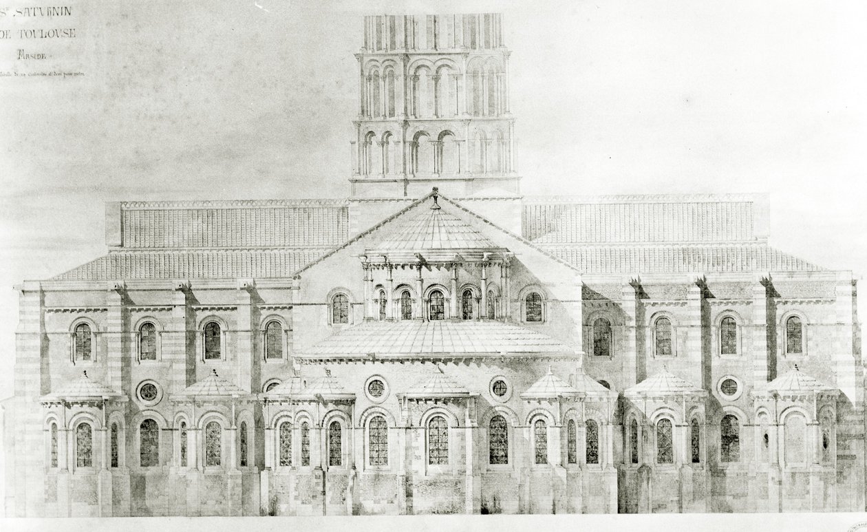 Basilica of St. Sernin, Toulouse (blyant og wc på papir) af Eugene Emmanuel Viollet le Duc