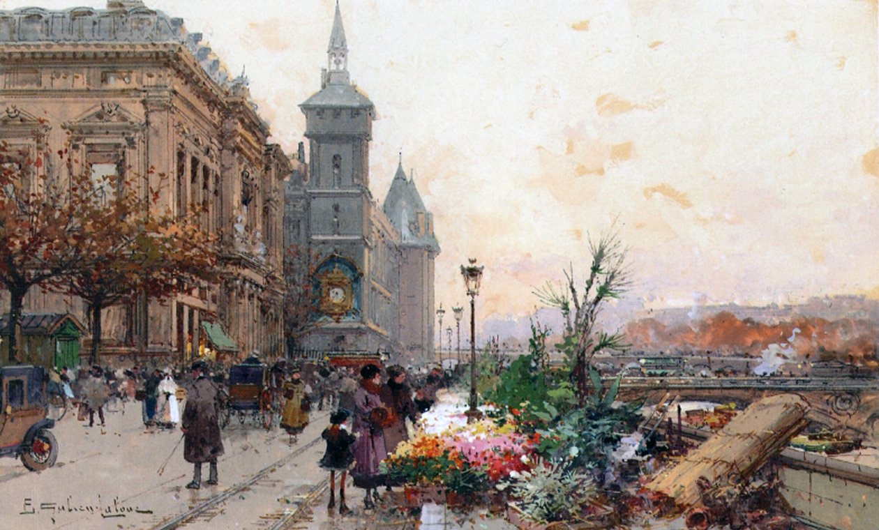Blomstermarkedet, Paris (gouache og wc på papir) af Eugene Galien Laloue