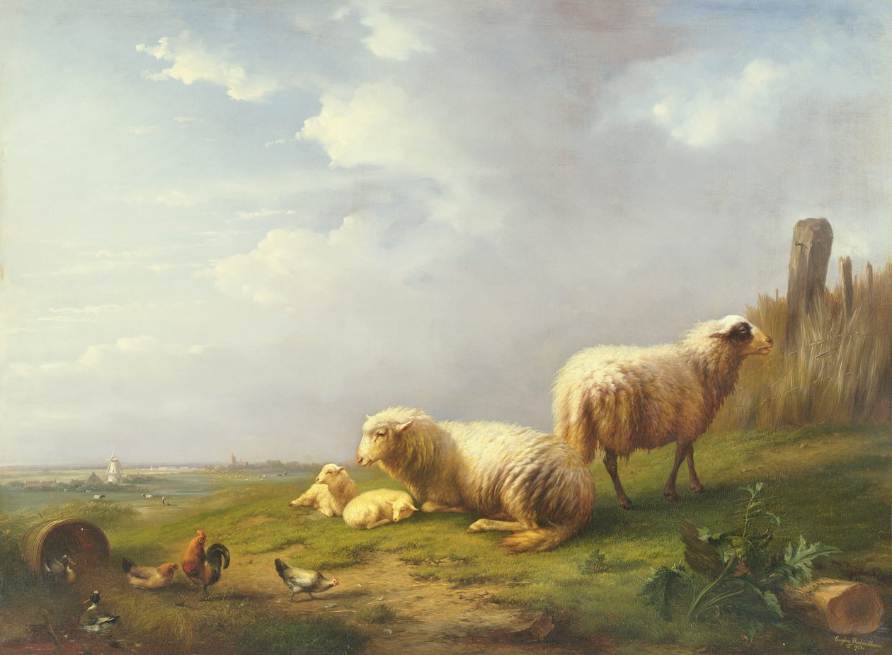 Får og høns i et landskab, 1800-tallet af Eugene Joseph Verboeckhoven