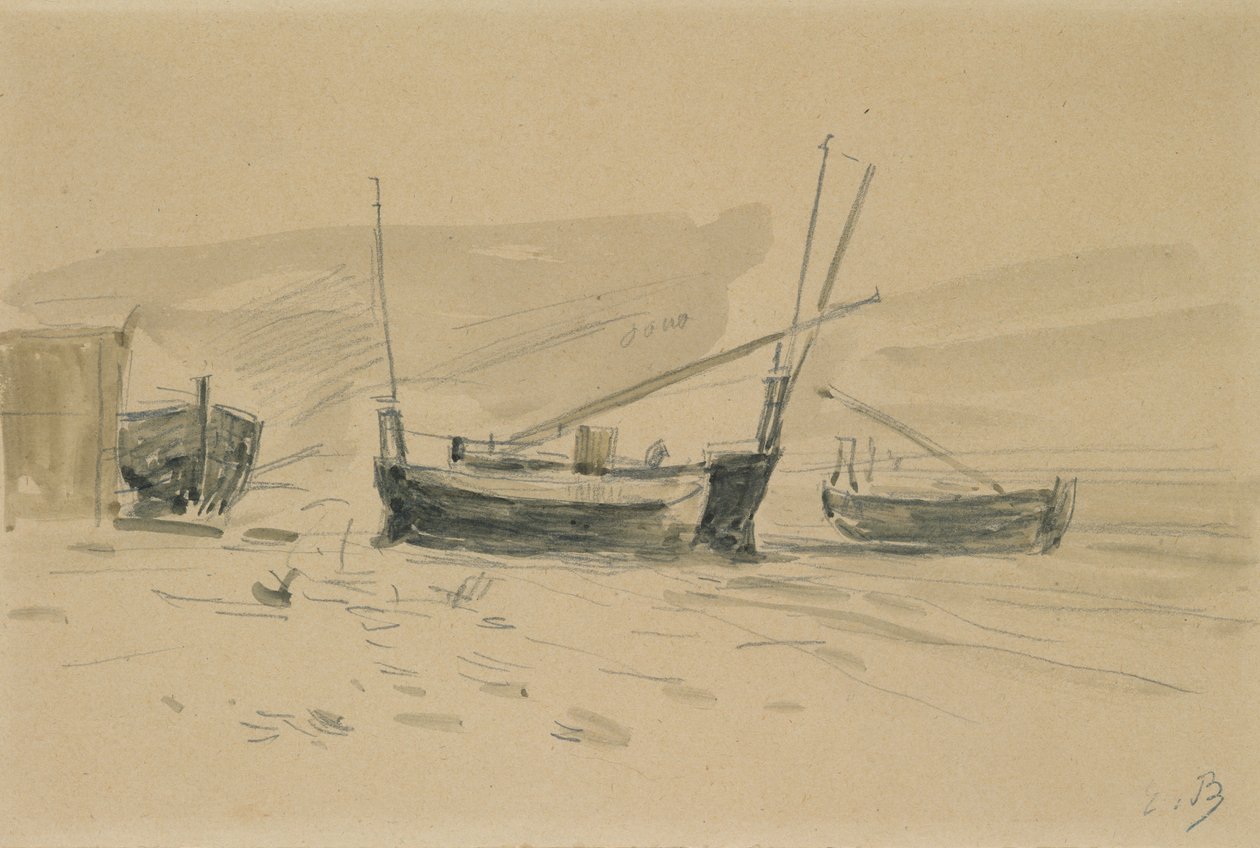Små strandede både (wc og grafit på papir) af Eugene Louis Boudin