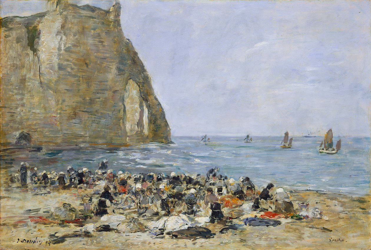 Vaskekvinder på stranden i Etretat, 1894 (olie på træ) af Eugene Louis Boudin
