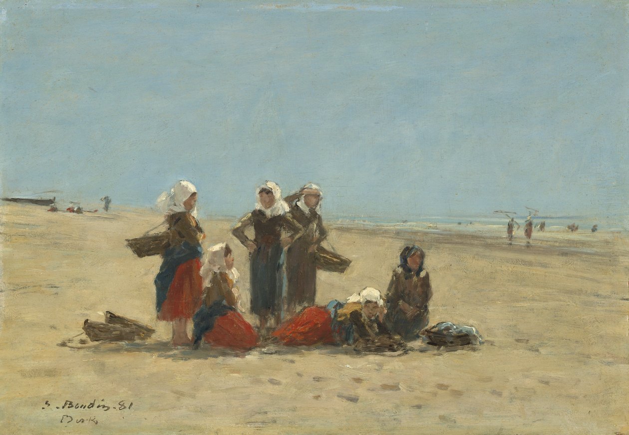 Kvinder på stranden i Berck, 1881 (olie på træ) af Eugene Louis Boudin