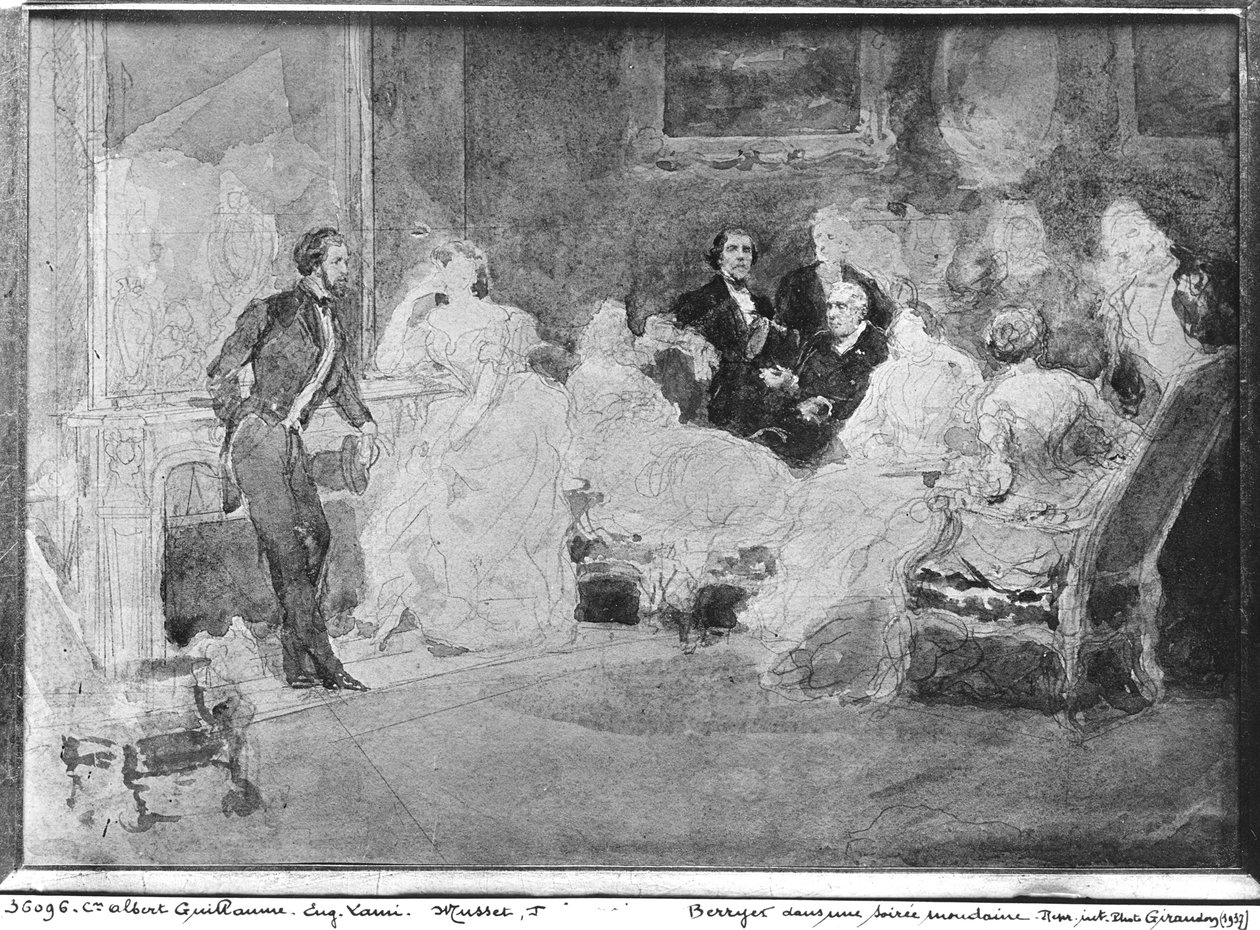 Alfred de Musset (1810-57) Eugene Delacroix (1798-1863) og Pierre Antoine Berryer (1790-1868) ved en selskabsaften, ca. 1840 af Eugene Louis Lami