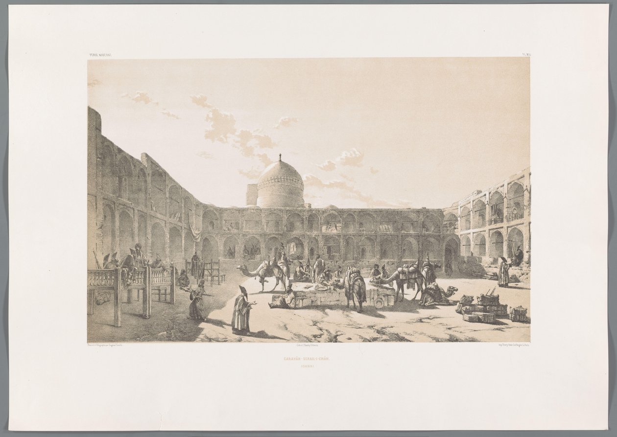 Caravanserai-i-Shah i Qazvin Caravân-Serail-I-Châh (Casbin) (titel på objektet) Persiske landskaber (serietitel) Perse modern (serietitel) af Eugene Flandin