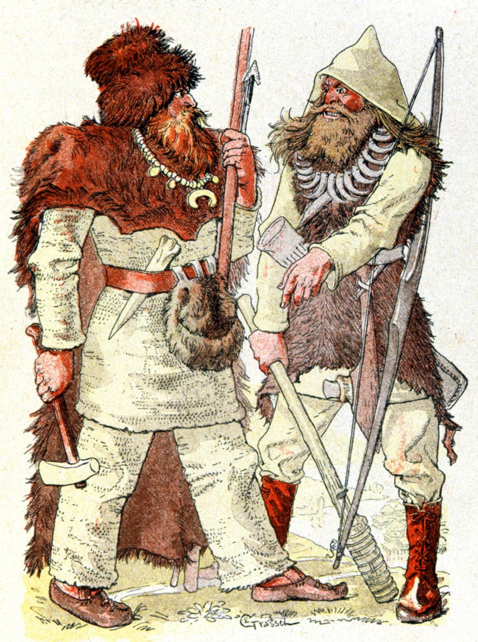 Mænd i stenalderen, ca. 1900 (illustration) af Eugene Grasset