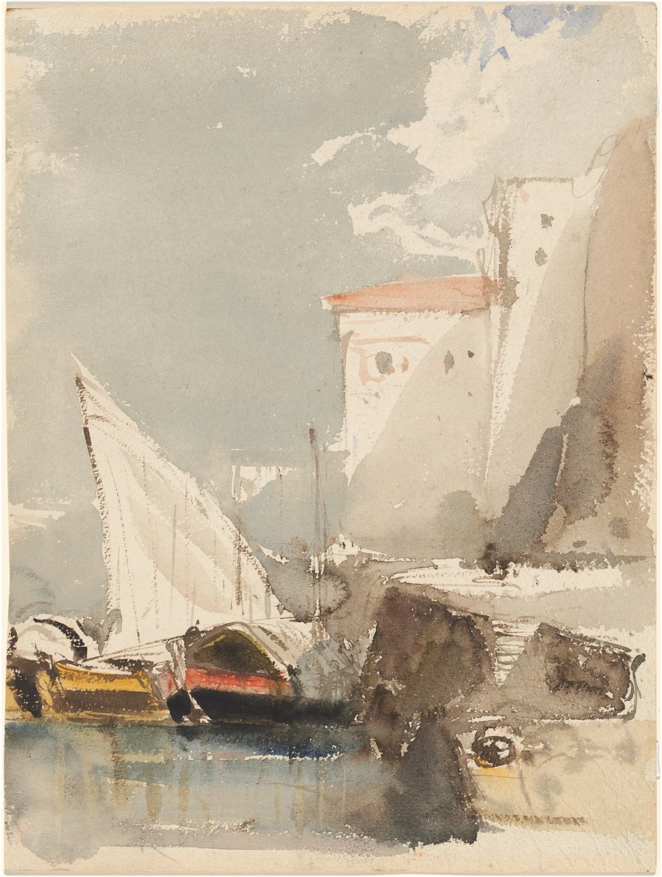 Sejlbåde i en solbeskinnet havn (recto) af Eugene Isabey