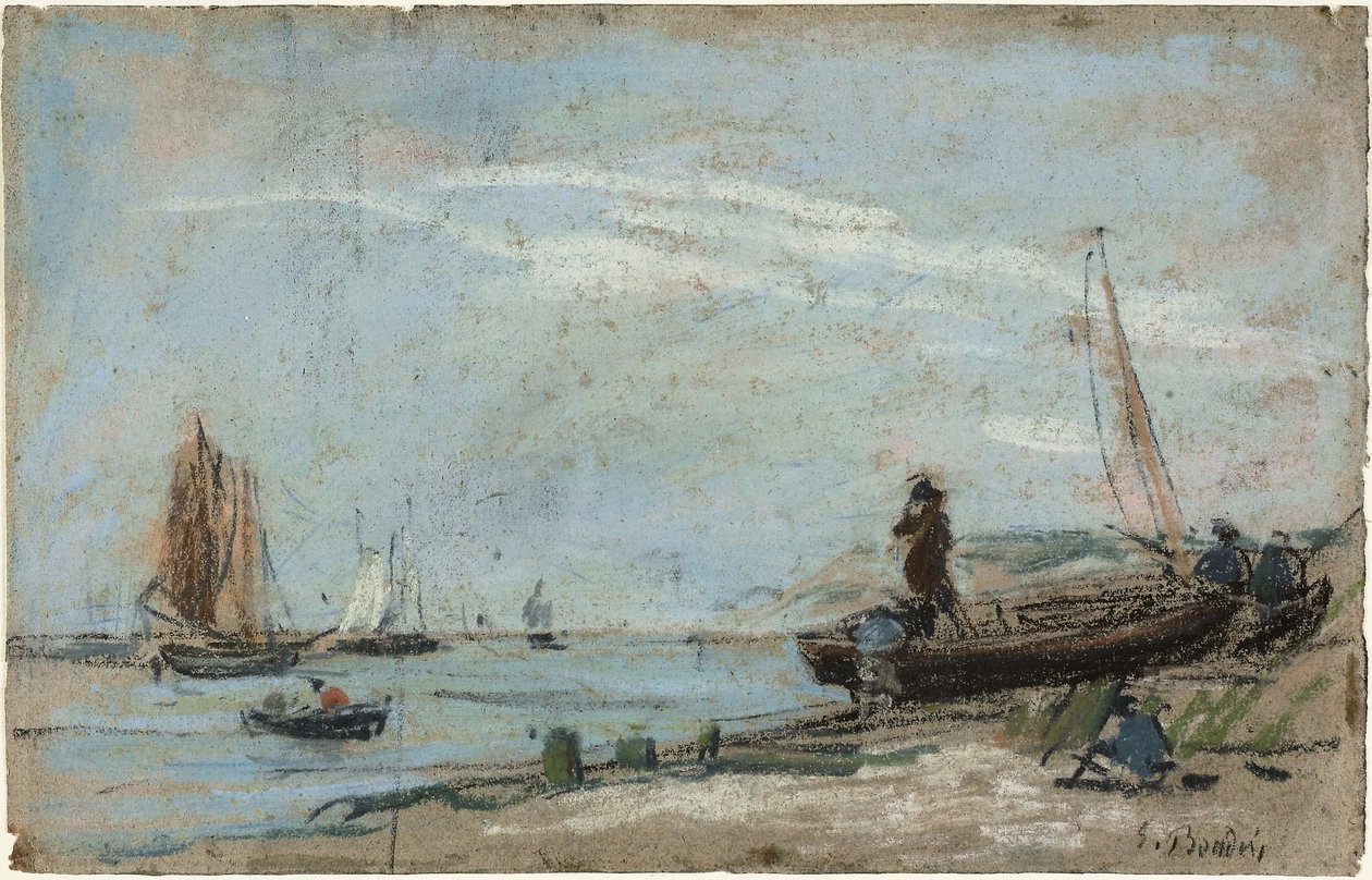 Strand med fiskerbåde og kul af Eugene Louis Boudin