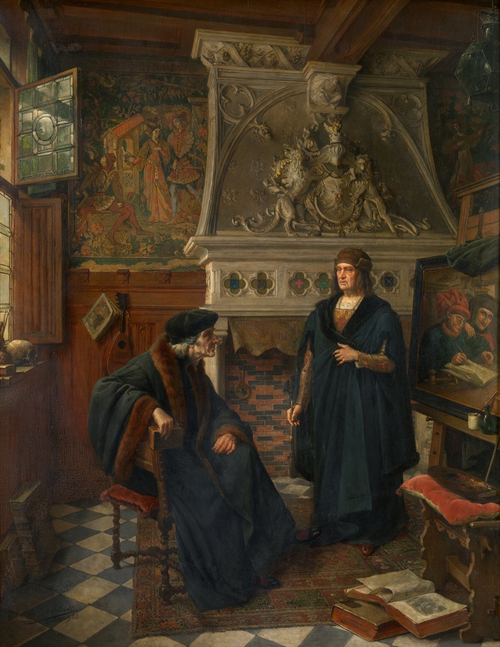 Erasmus og Quentin Matsys (olie på lærred) af Eugene Siberdt