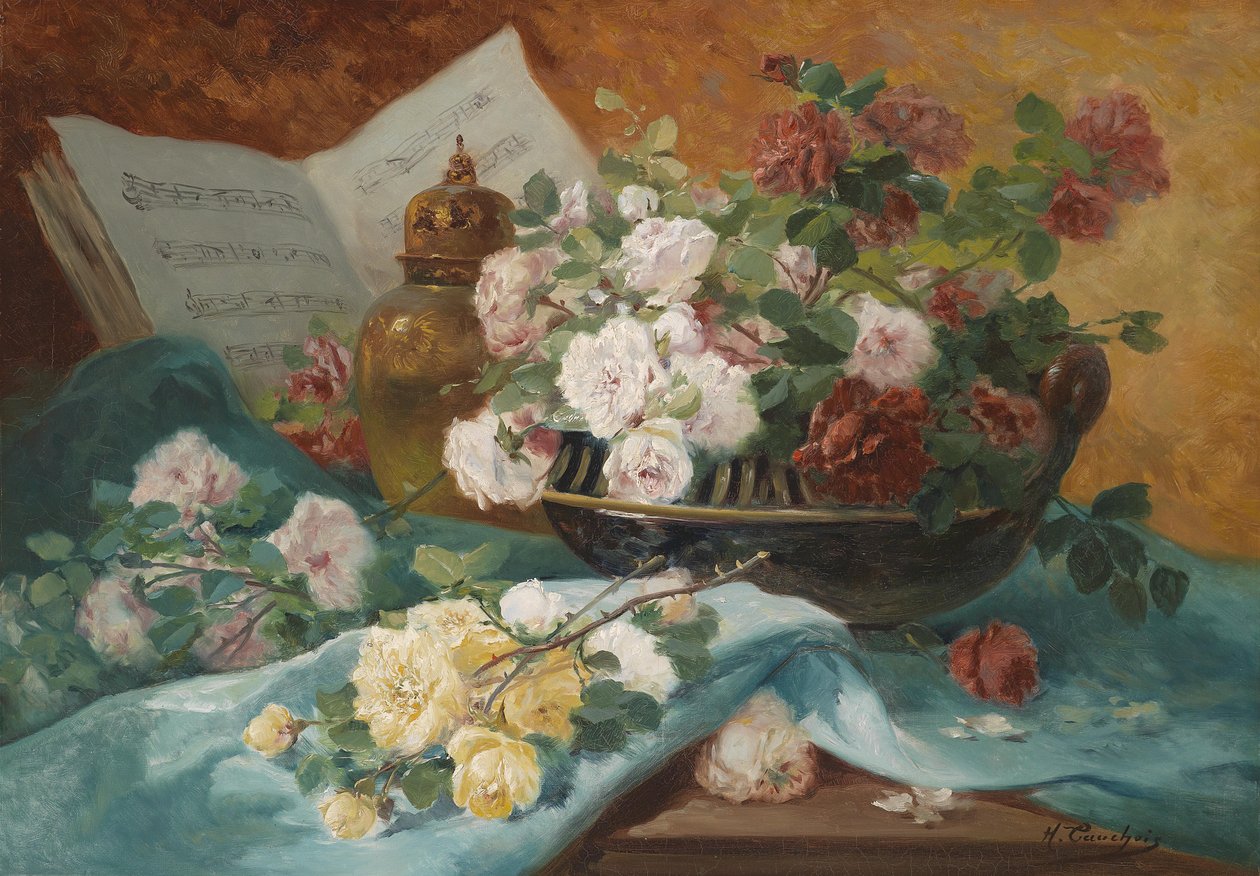 Stilleben med roser i en skål, et ornament og et partitur af Eugene Henri Cauchois