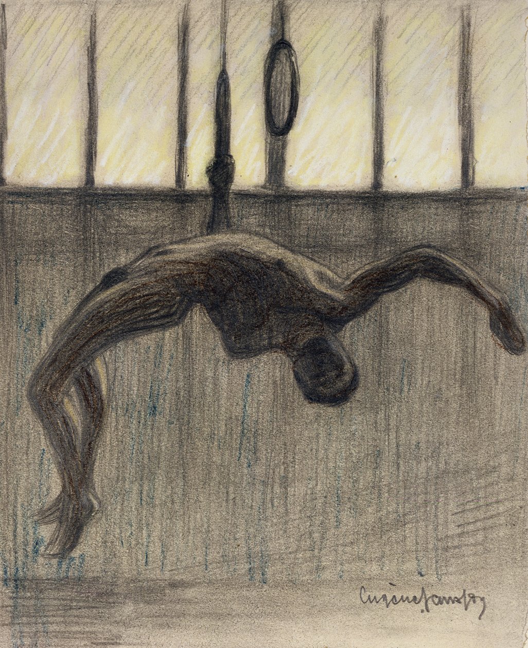Ringgymnast, 1911 (blyant og farvekridt på papir lagt på forgyldt kantkort) af Eugène Jansson