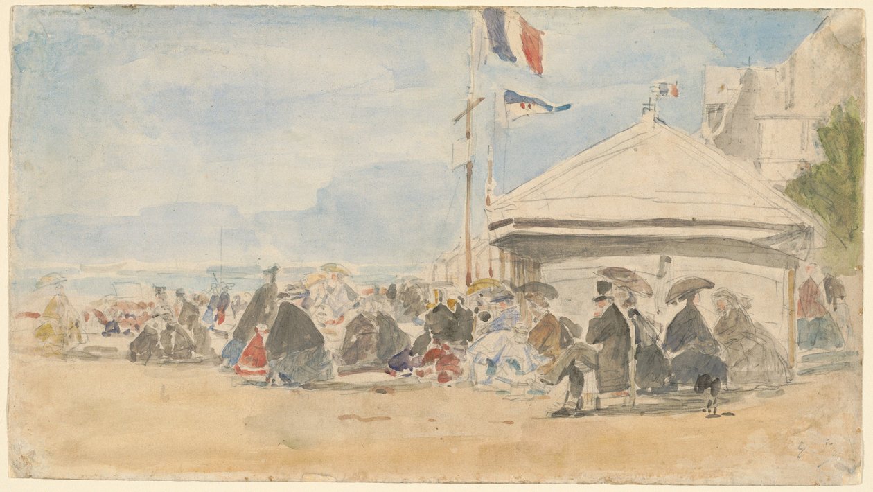 Strandhus med flag ved Trouville af Eugène Boudin