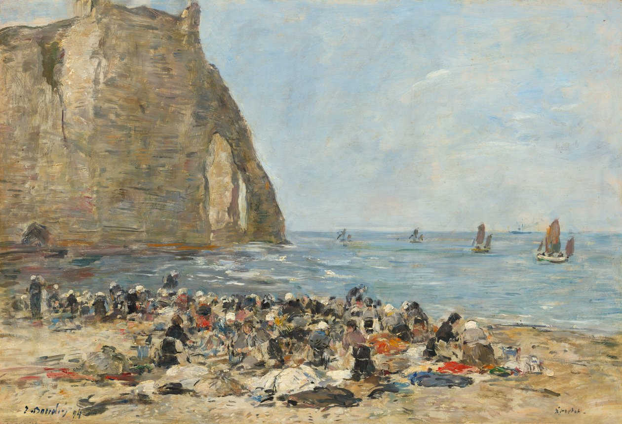 Vaskekvinder på stranden i Etretat af Eugène Boudin