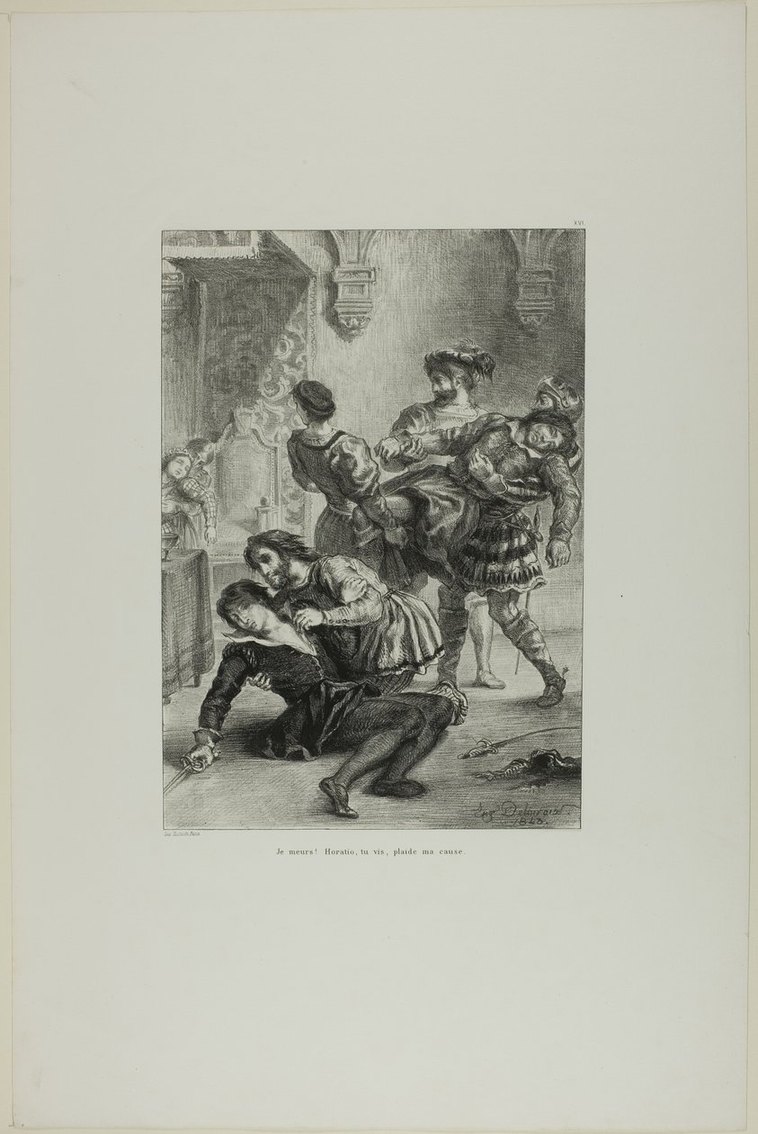 Hamlets død, planche 16 fra Hamlet af Eugène Delacroix