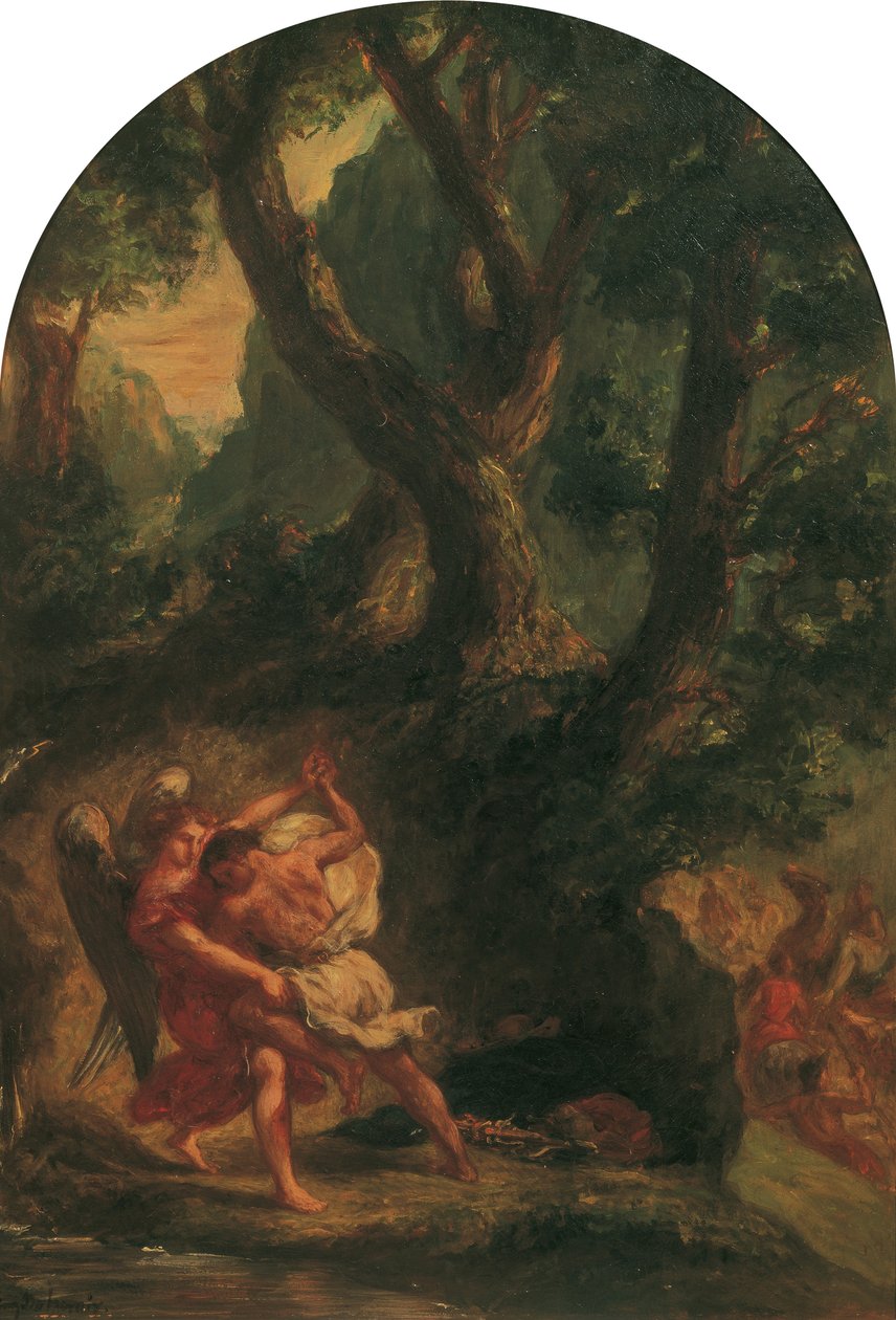 Jacob brydes med englen, 1850-1855. af Eugène Delacroix