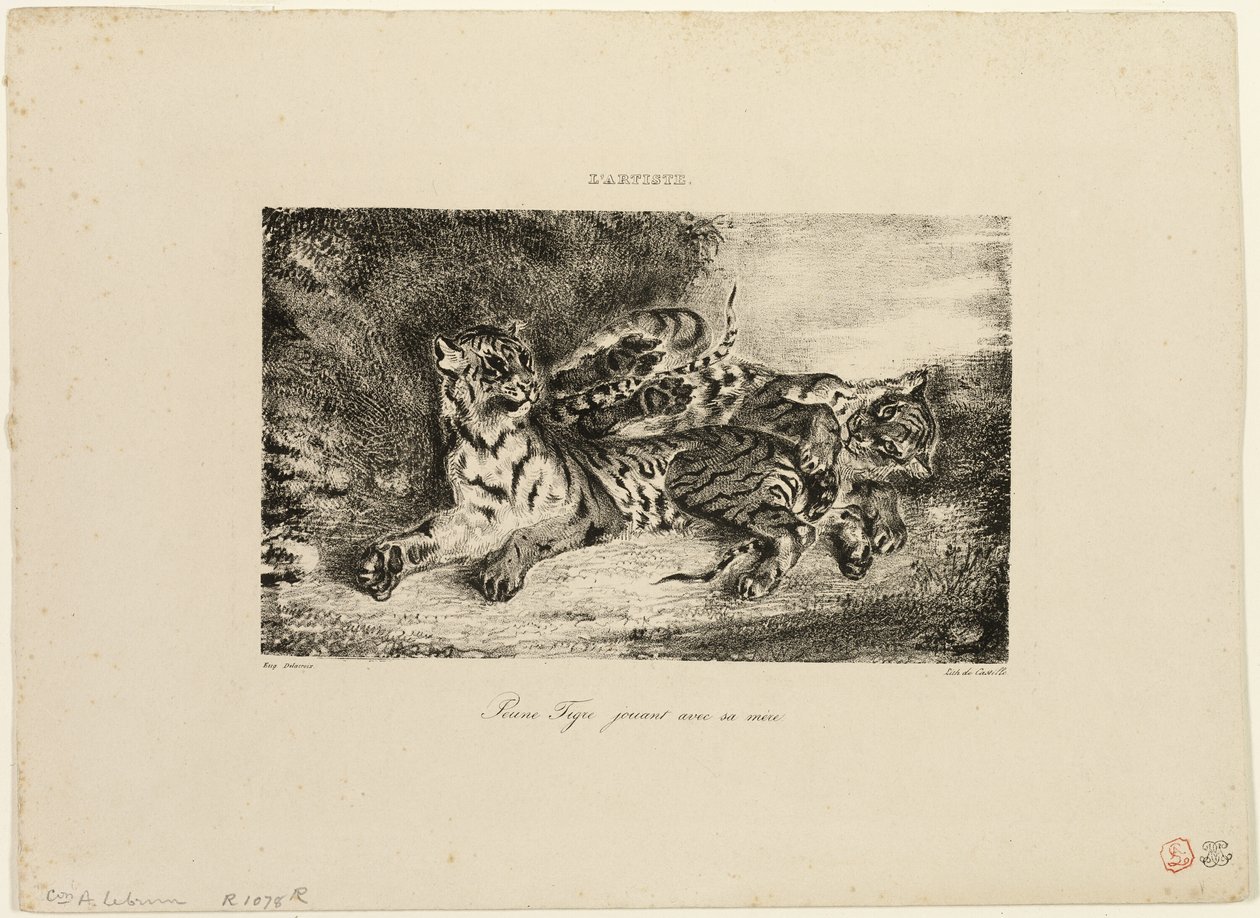 Ung tiger leger med sin mor af Eugène Delacroix