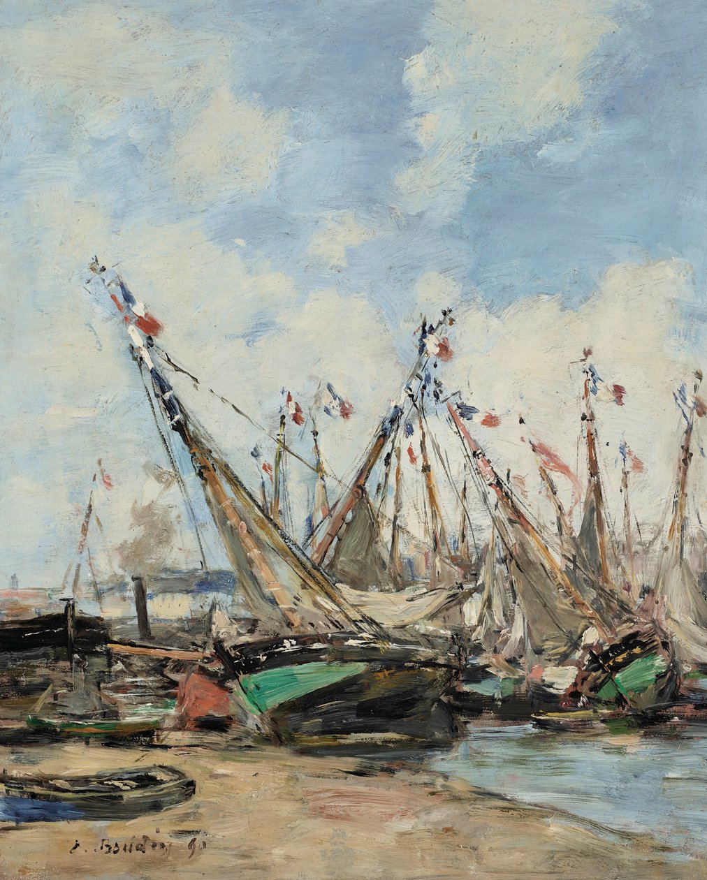 Trouville, havnen, strandede sejlbåde af Eugene Louis Boudin