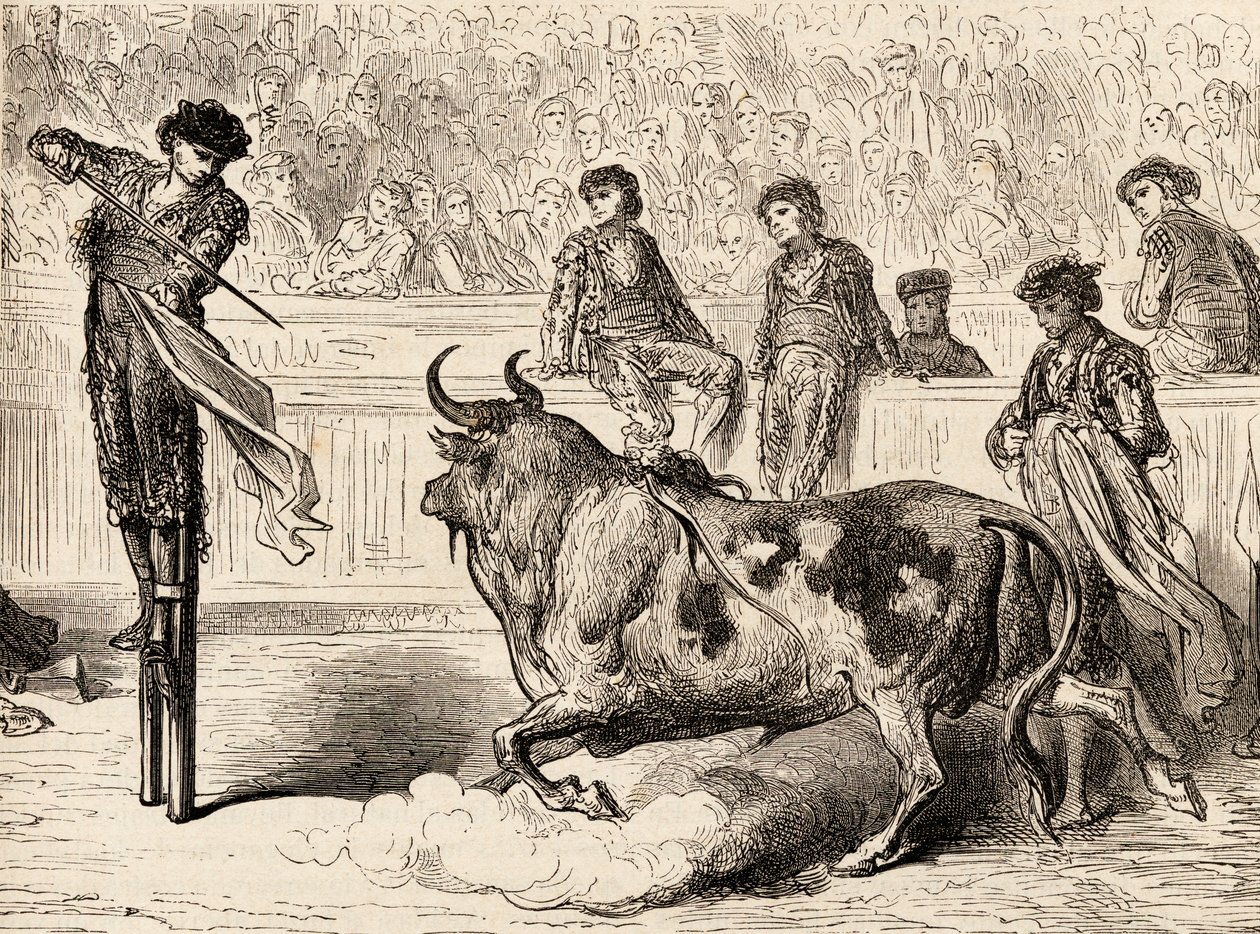 En tyrefægter stod på pæle i Sevilla, Spanien, 1878 (trægravering) af European School