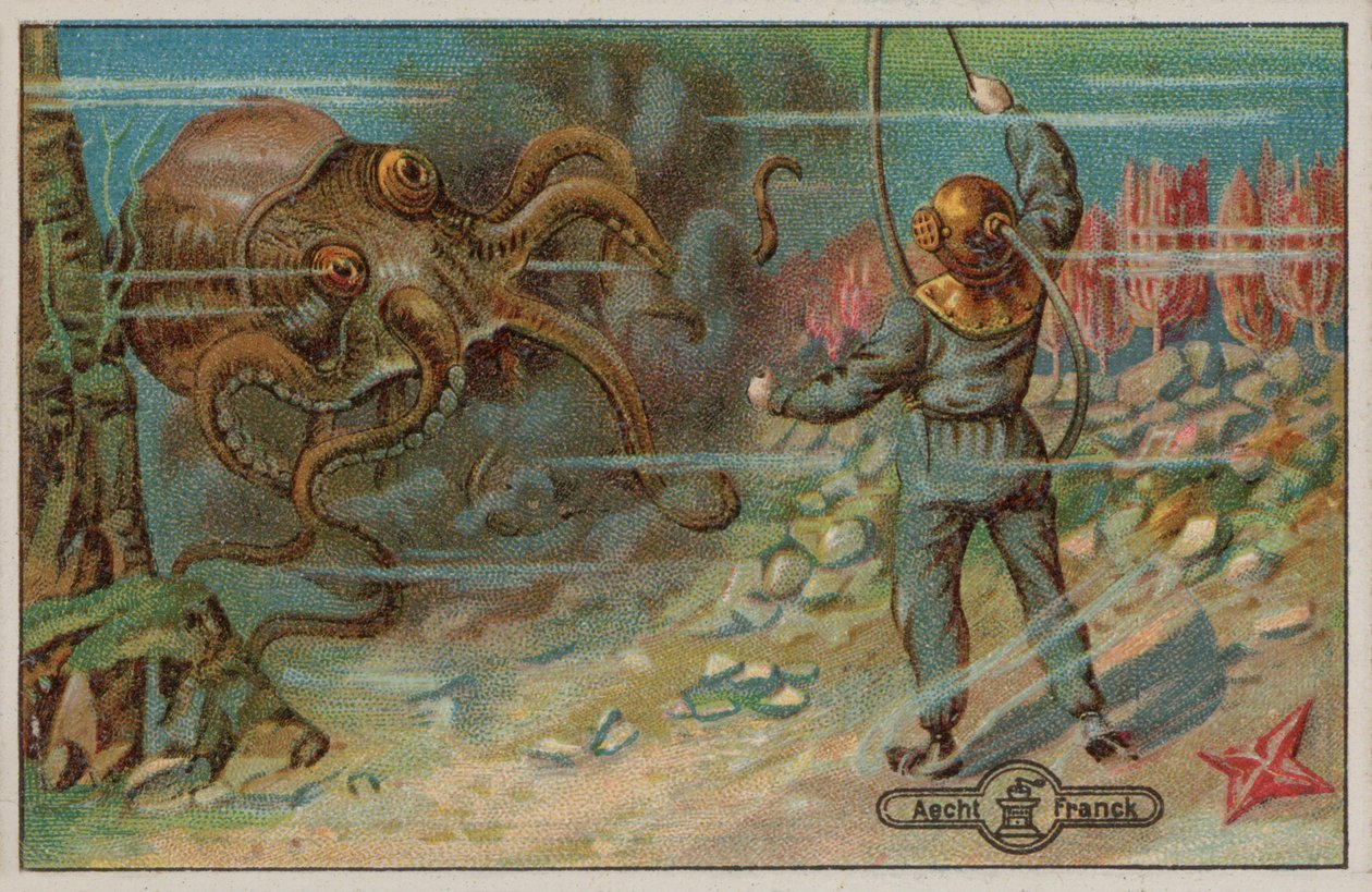 En dykker trues af en blæksprutte (chromolitho) af European School