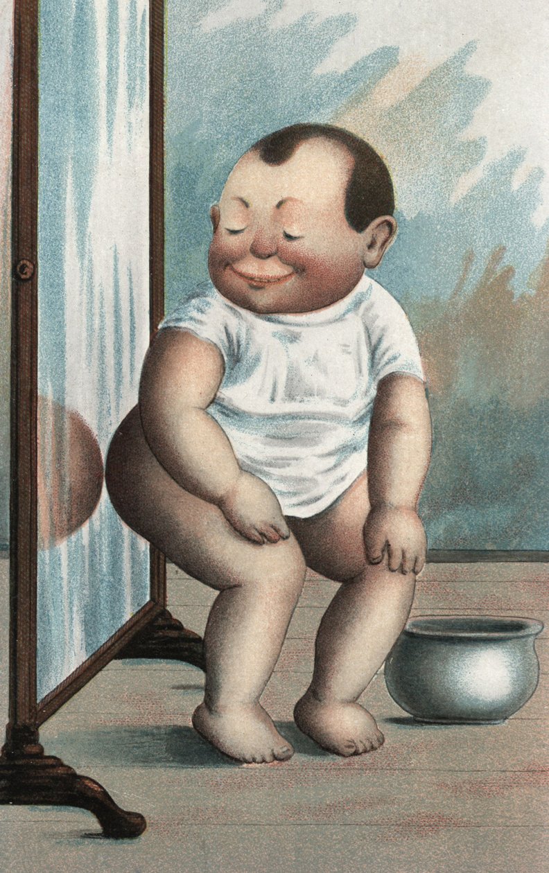 Baby med spejl (farvelitografi) af European School