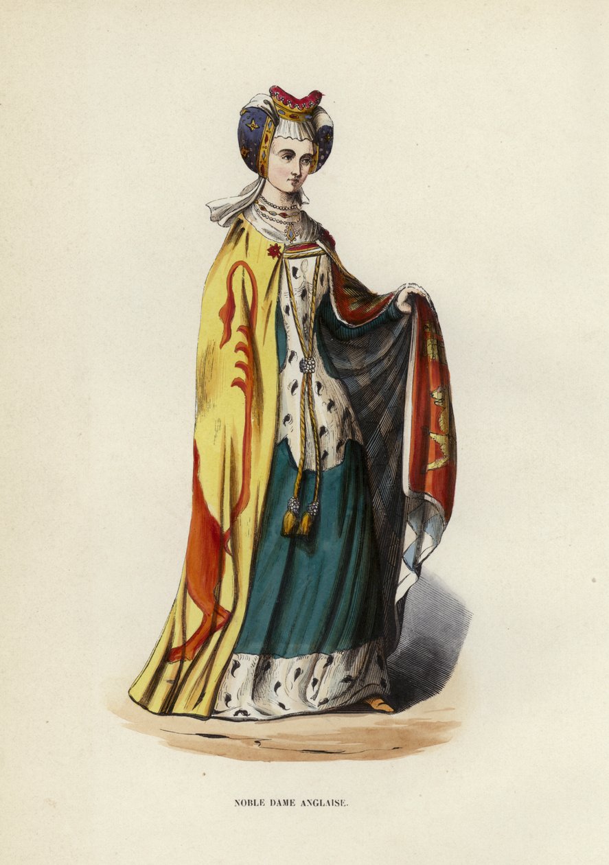 Noble Dame Anglaise (farvet gravering) af European School