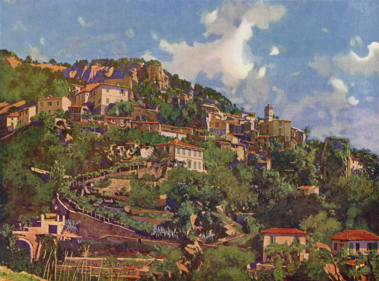 Roquebrune, generel udsigt (farvelitografi) af European School