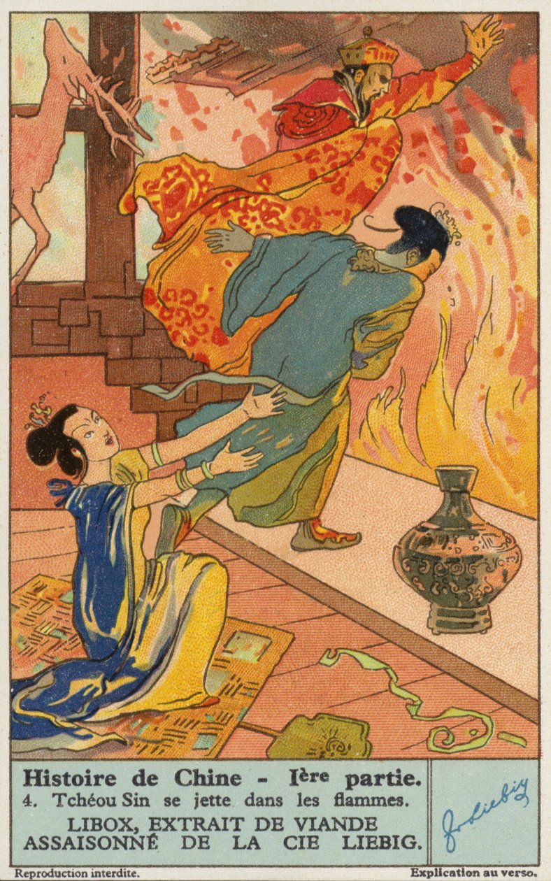 Kong Zhou af Shang begik selvmord (chromolitho) af European School