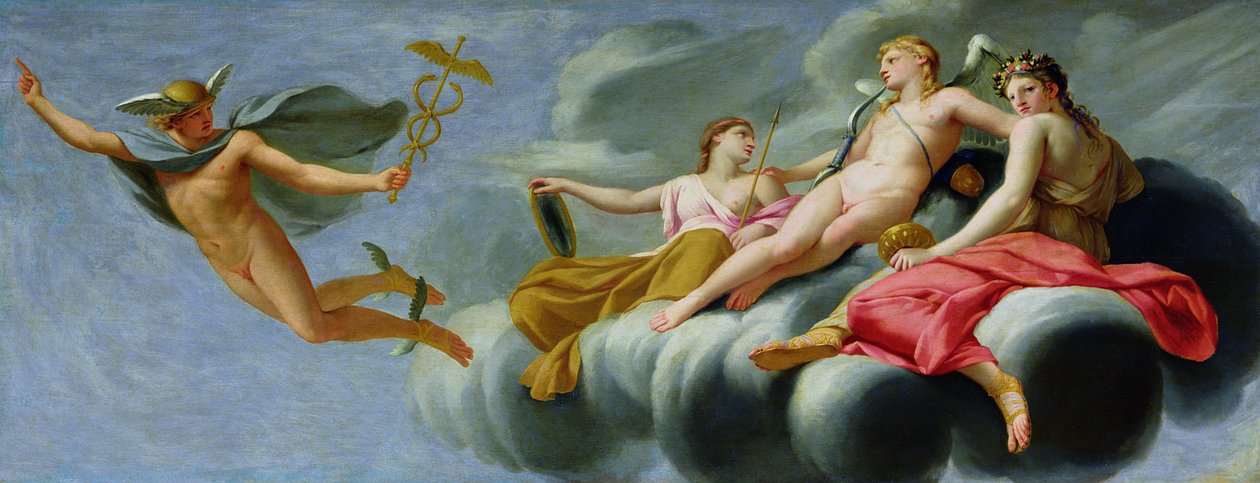 Amor beordrer Merkur, gudernes budbringer, til at bekendtgøre kærlighedens kraft til universet, 1646-47 af Eustache Le Sueur