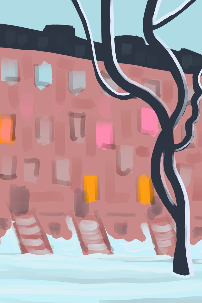 Brownstones i sne (digital kunst) af Evan Sklar