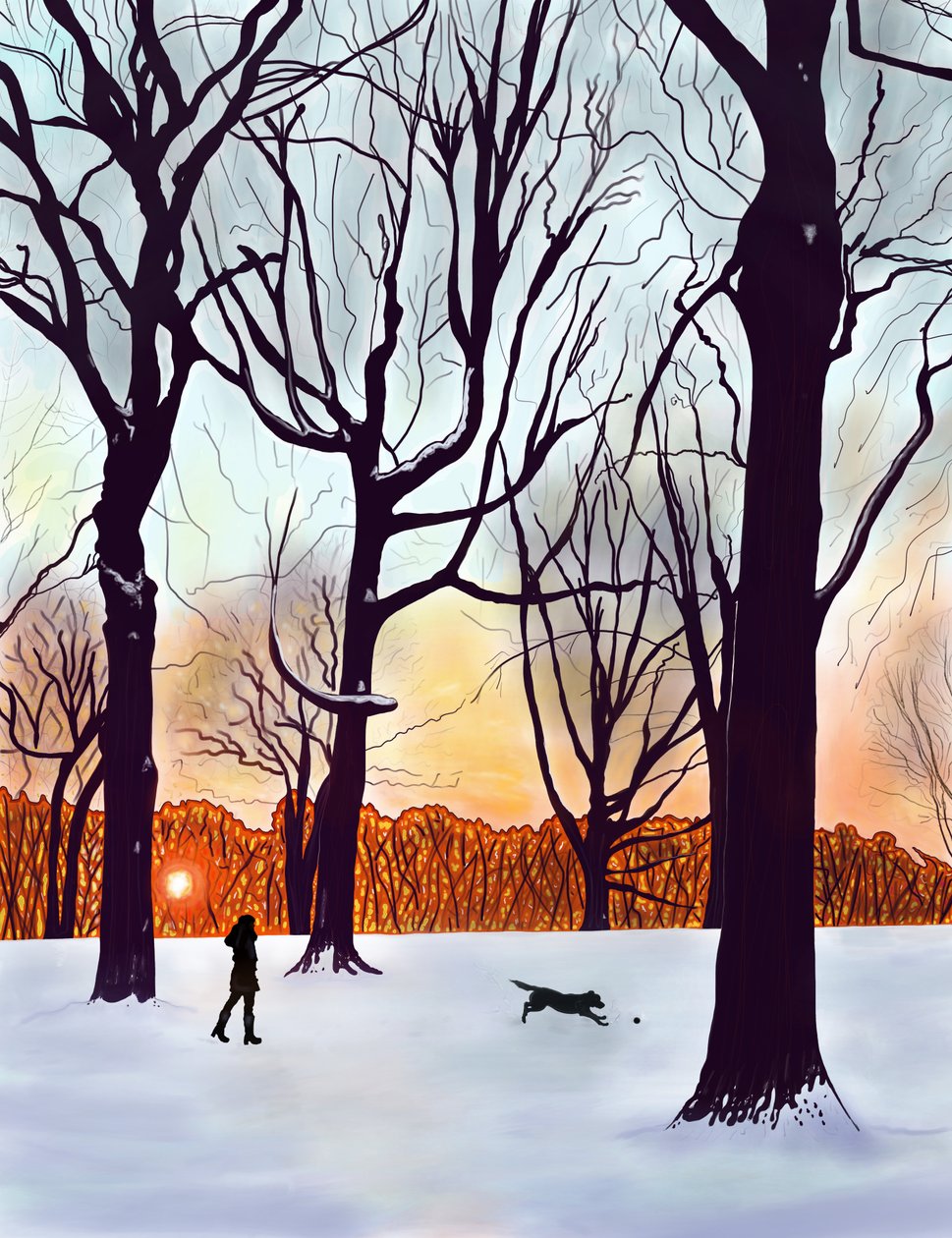 Hund i sne, Brooklyn (digital kunst) af Evan Sklar