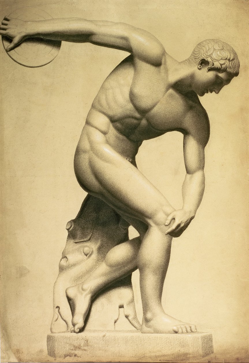 Diskoskaster, tegning af en klassisk skulptur, ca. 1874 (blyant, farveblyant på papir) af Evelyn De Morgan