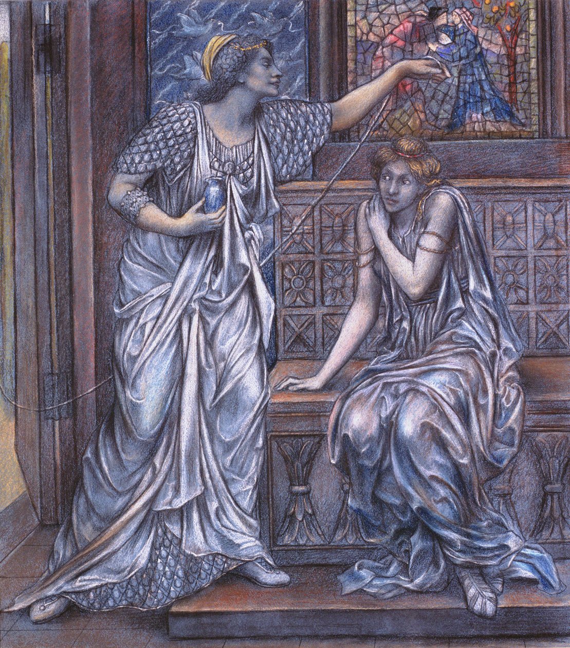 Færdigt studie til dronning Eleanor og skønne Rosamund, ca.1900-5 (kridt) (se 27988) af Evelyn De Morgan
