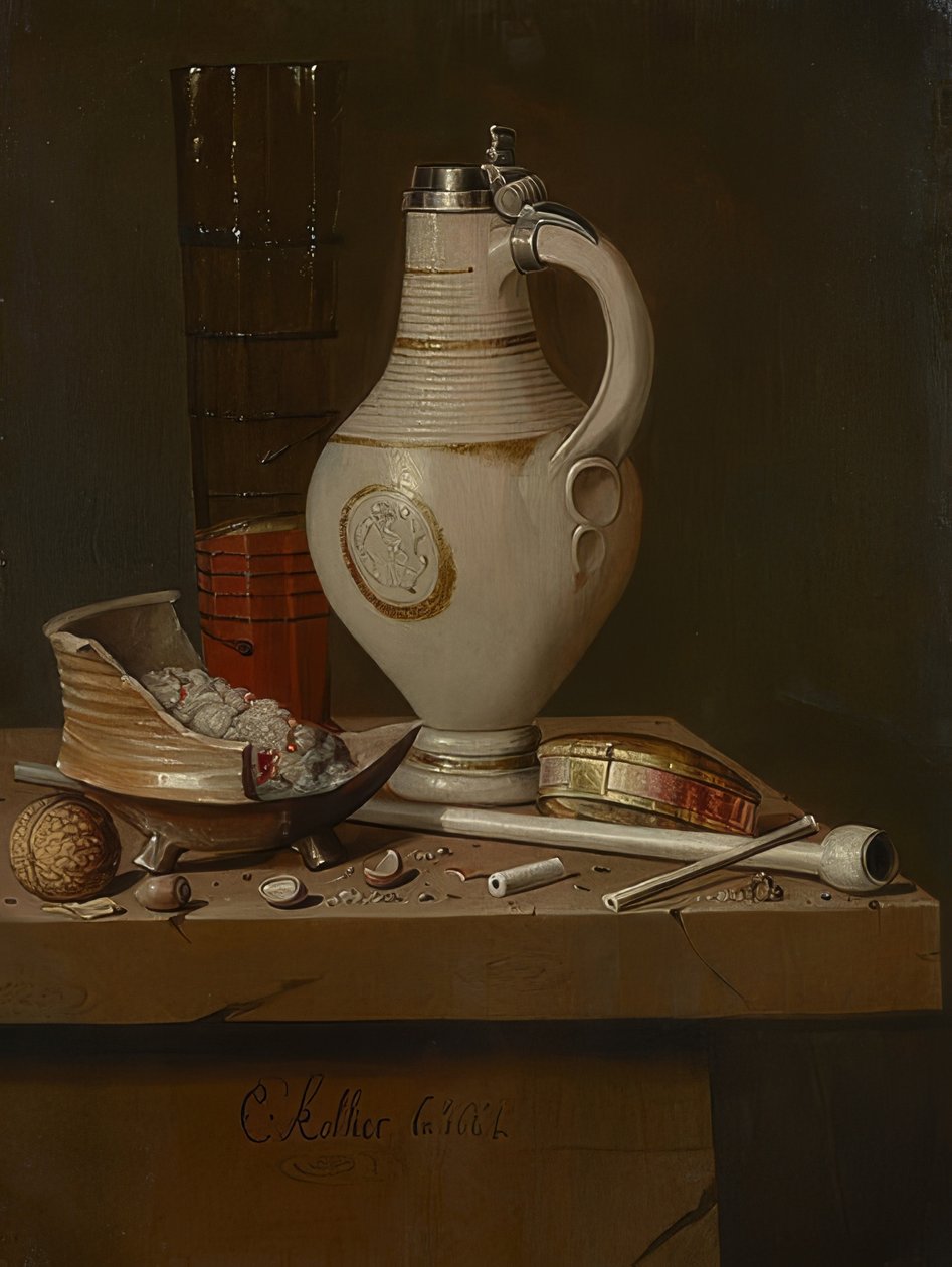 Stilleben med rygeudstyr og ølkrus. 1664 af Evert Collier