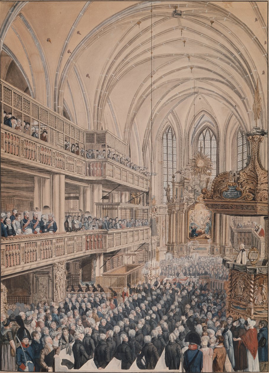 Indvielsen af byrådsmedlemmerne i St. Nicholas Kirke, 1808 (pen og blæk og wc på papir) af F.A. Calau