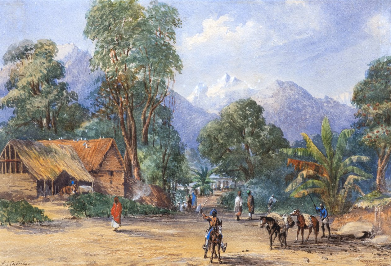 Landsby i Himalaya (akvarel) af F.G. Coleridge