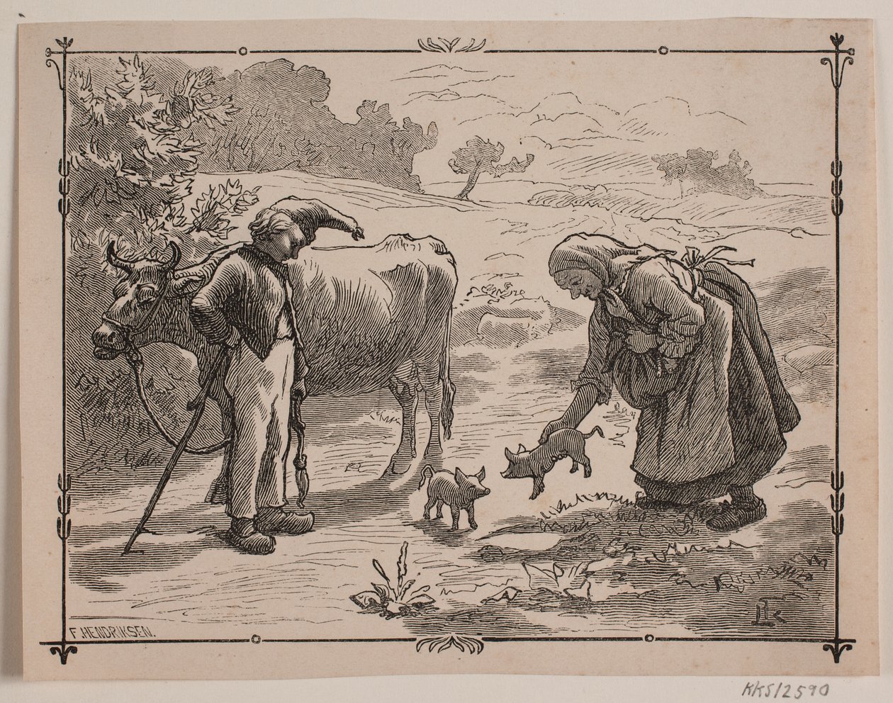 Illustration til folkeeventyret "Tre små røde Grise" af F. Hendriksen