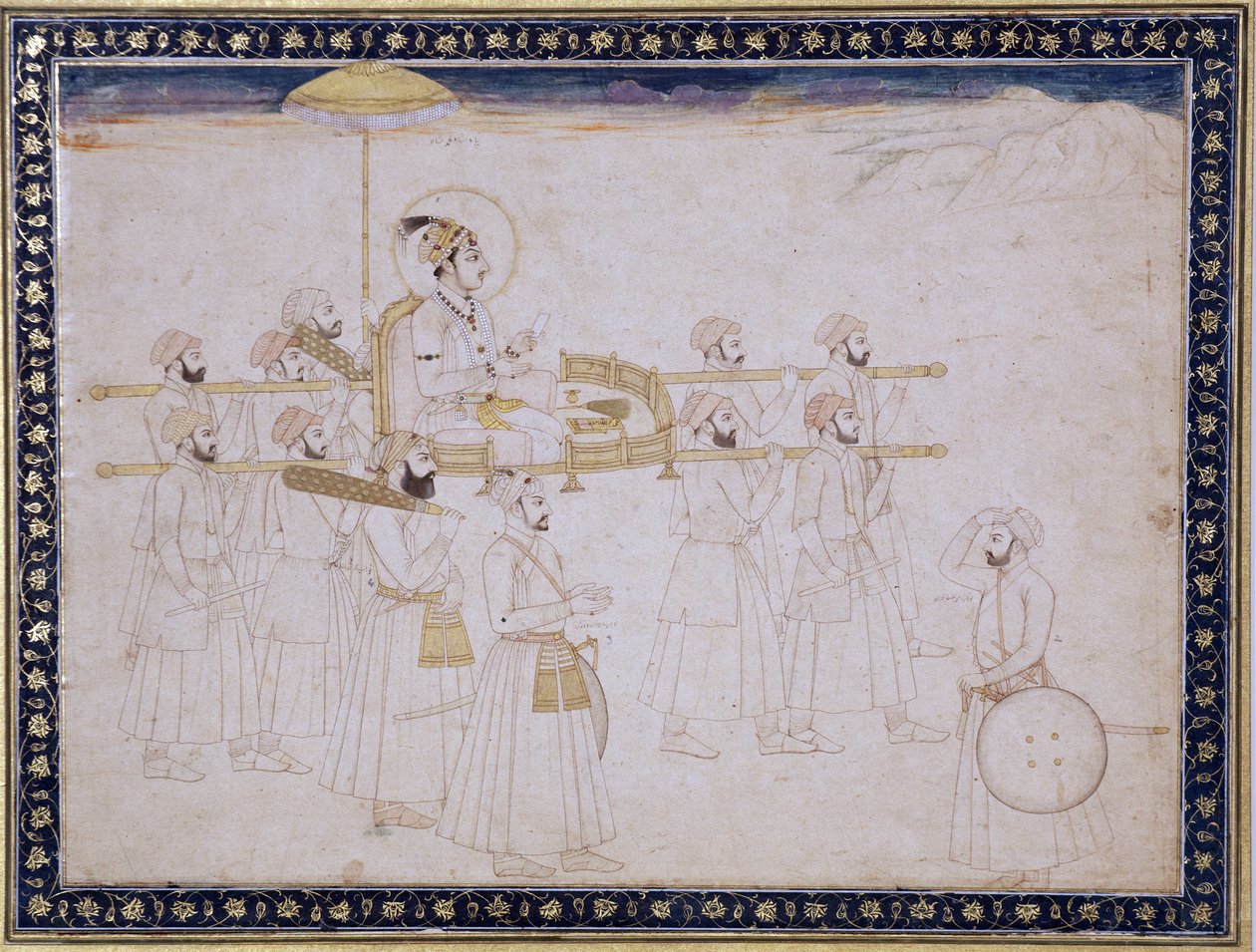 Muhammad Shah båret i en palanquin, ca. 1735 (ugennemsigtig wc og guld på papir) af Faqir ullah