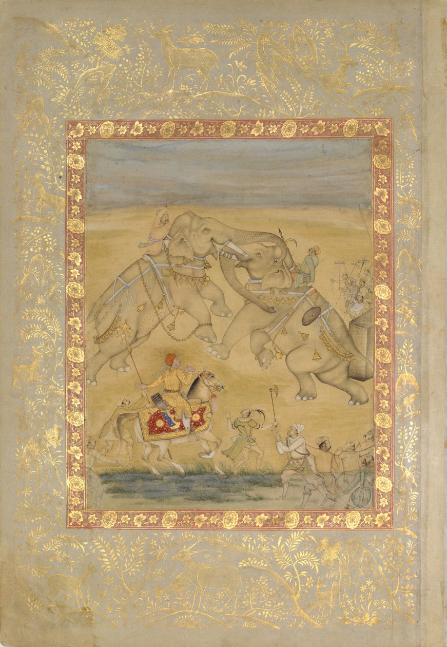 Jahangir ser på en elefantkamp, ca. 1605. af Farrukh Chela