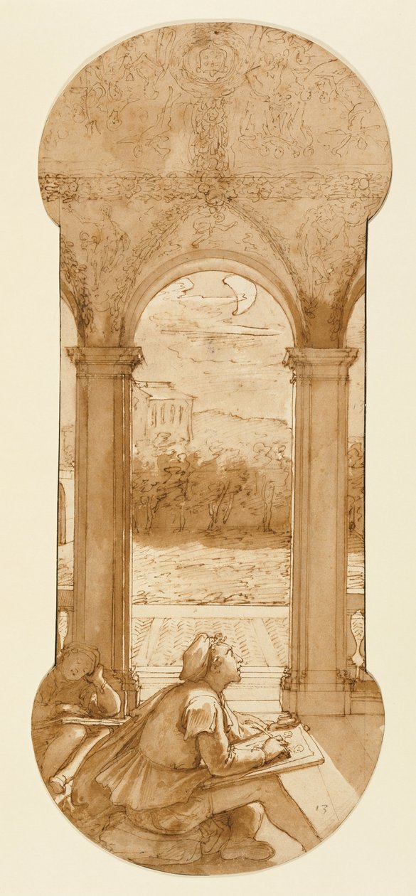 Taddeo kopierer Raphaels -kalkmalerier i loggiaen i Villa Farnesina, hvor han også er repræsenteret Asl ... af Federico Zuccaro