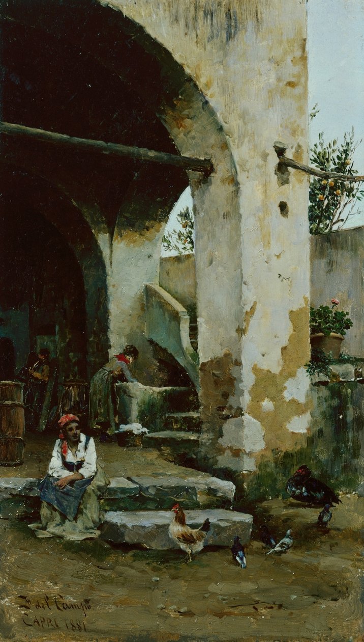 Farmyard Scene (olie på panel) af Federico del Campo