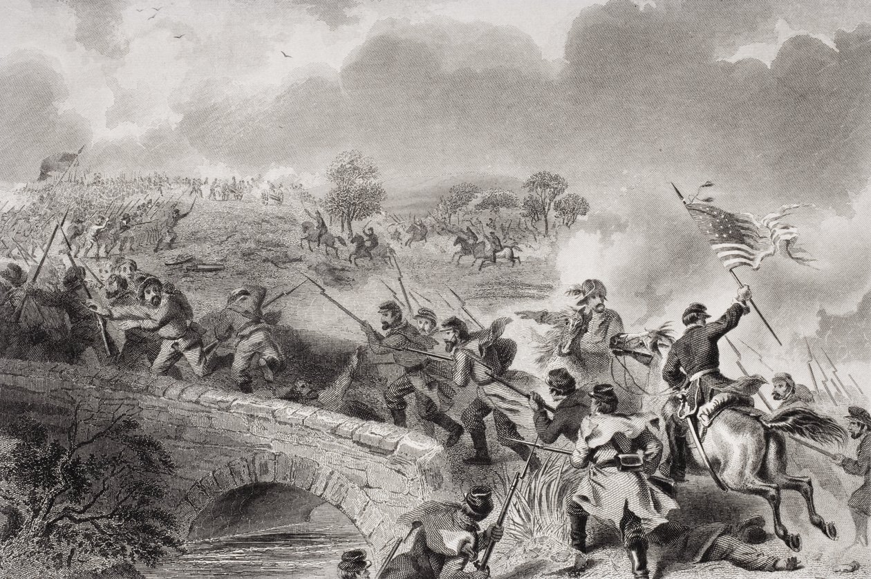 Indtagelsen af broen over Antietam Creek i slaget ved Antietam, Maryland, 1862 af Felix Octavius Carr Darley